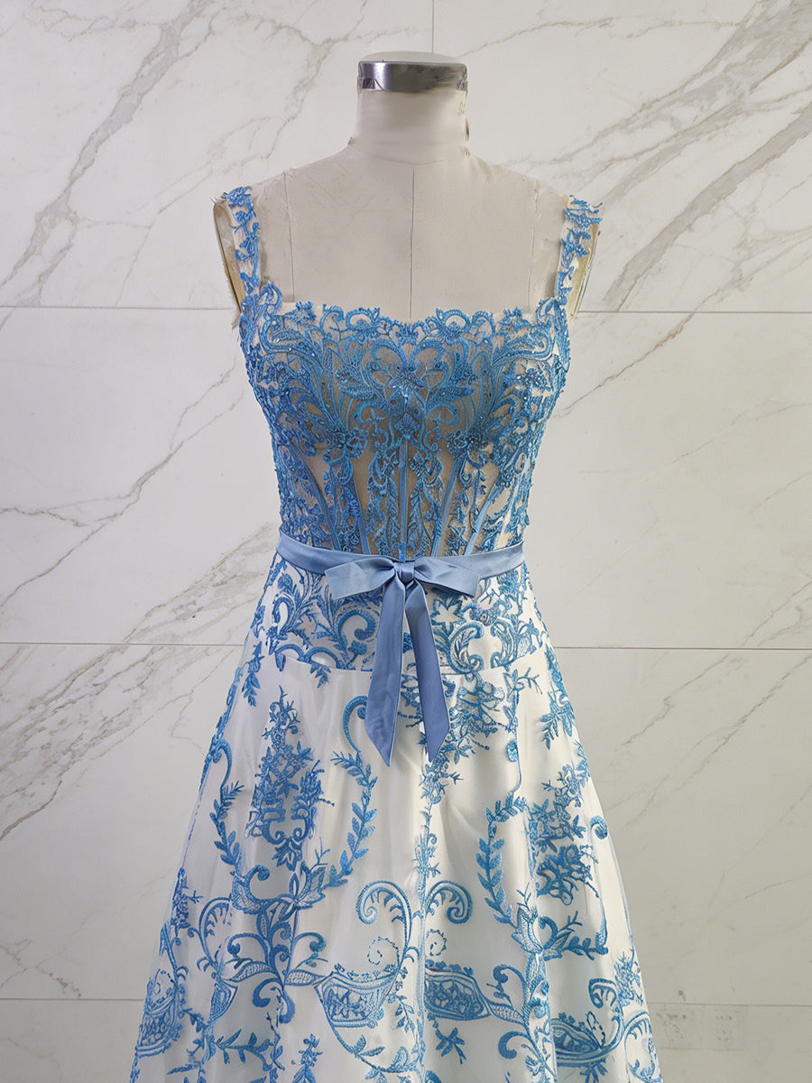 Blue Floral Baroque Lace A Line Long Corset Prom Dress