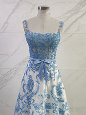 Blue Floral Baroque Lace A Line Long Corset Prom Dress