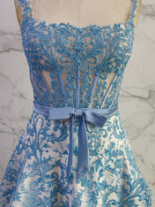 Blue Floral Baroque Lace A Line Long Corset Prom Dress