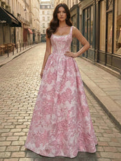 Blue Floral Brocade Pearl Long Corset Prom Dress