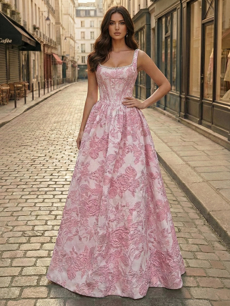 Dreamylily Prom Dress Blue Floral Brocade Pearl Long Corset Evening Gown Party Dress
