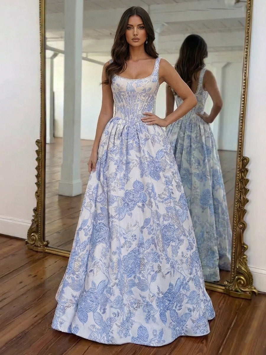 Pink Floral Brocade Pearl Long Corset Prom Dress