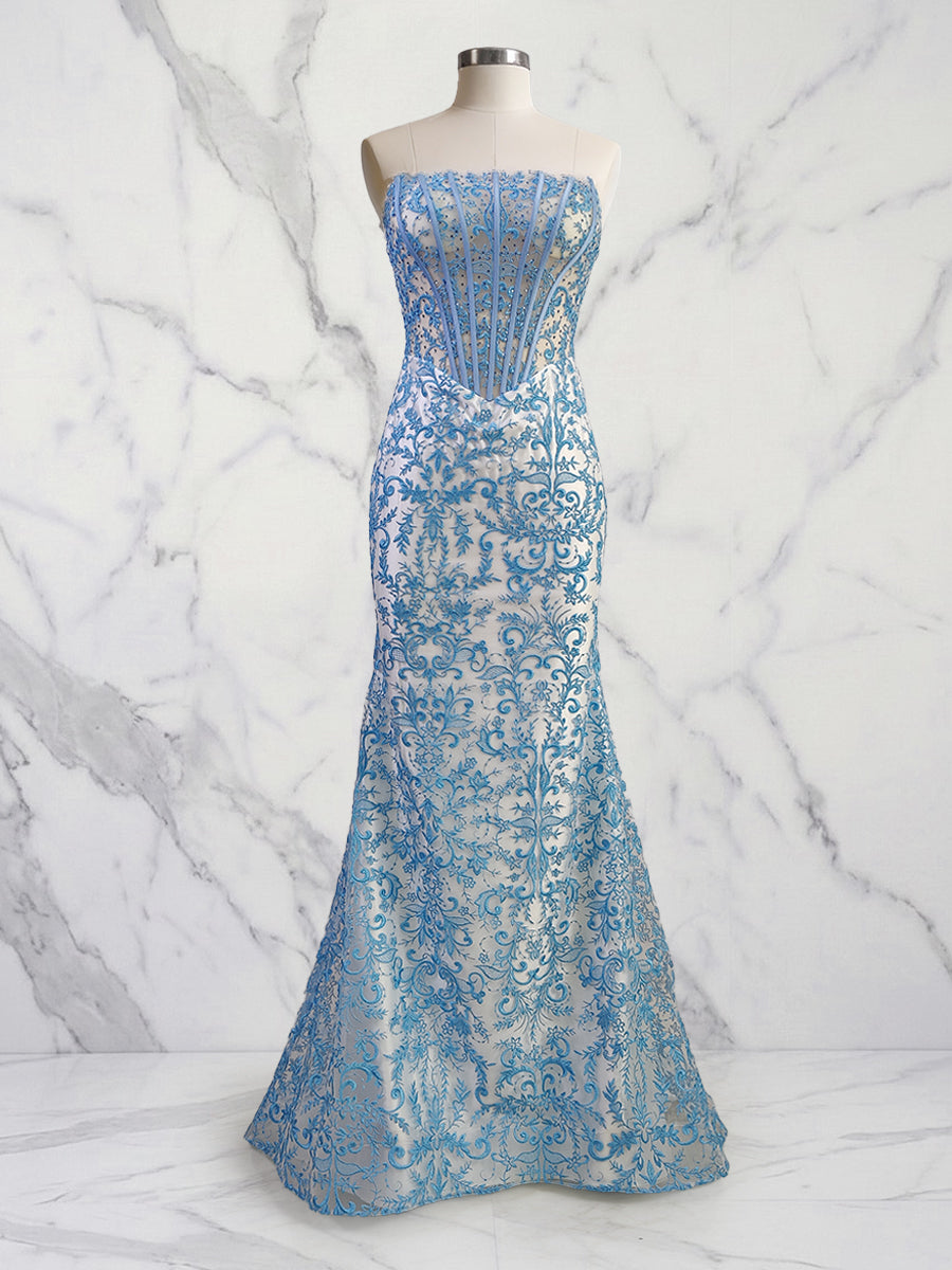 Blue Floral Strapless Pearl Beaded Ruched Long Corset Prom Dress