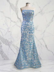 Blue Floral Strapless Pearl Beaded Ruched Long Corset Prom Dress