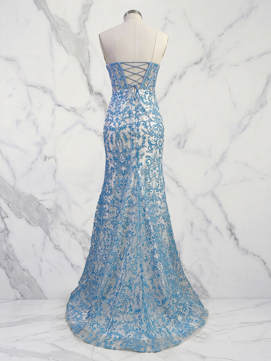Blue Floral Strapless Pearl Beaded Ruched Long Corset Prom Dress