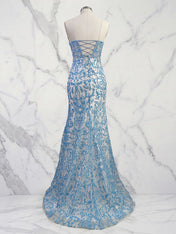 Blue Floral Strapless Pearl Beaded Ruched Long Corset Prom Dress