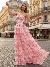 Blue Floral Strapless Tiered Ruffle Corset Long Prom Dress with Slit