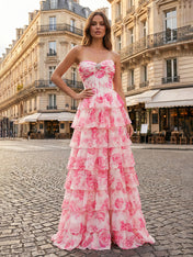 Blue Floral Strapless Tiered Ruffle Corset Long Prom Dress with Slit