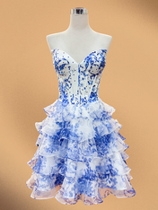Blue Flower A-Line Strapless Tiered Tulle Sweetheart Homecoming Dress