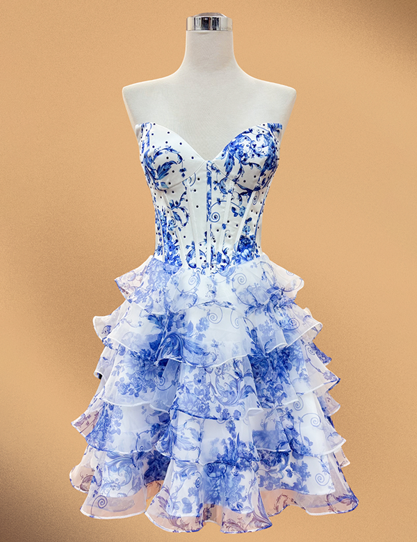 Blue Flower A-Line Strapless Tiered Tulle Sweetheart Homecoming Dress