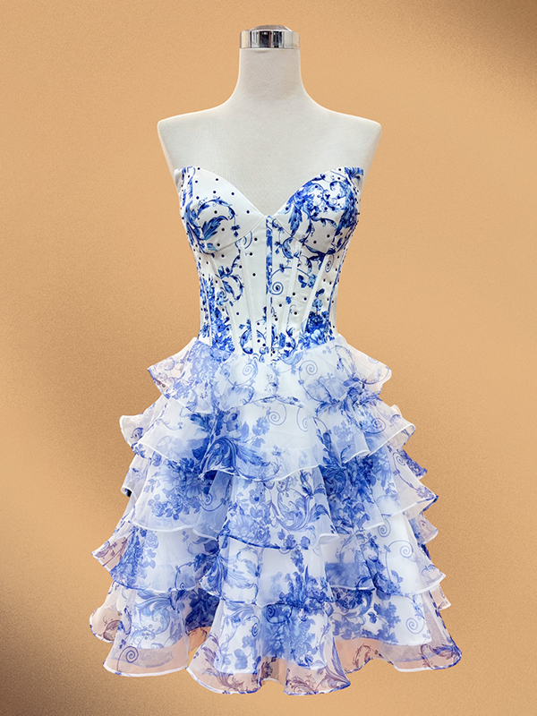 Blue Flower A-Line Strapless Tiered Tulle Sweetheart Homecoming Dress