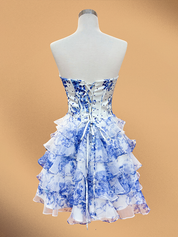 Blue Flower A-Line Strapless Tiered Tulle Sweetheart Homecoming Dress