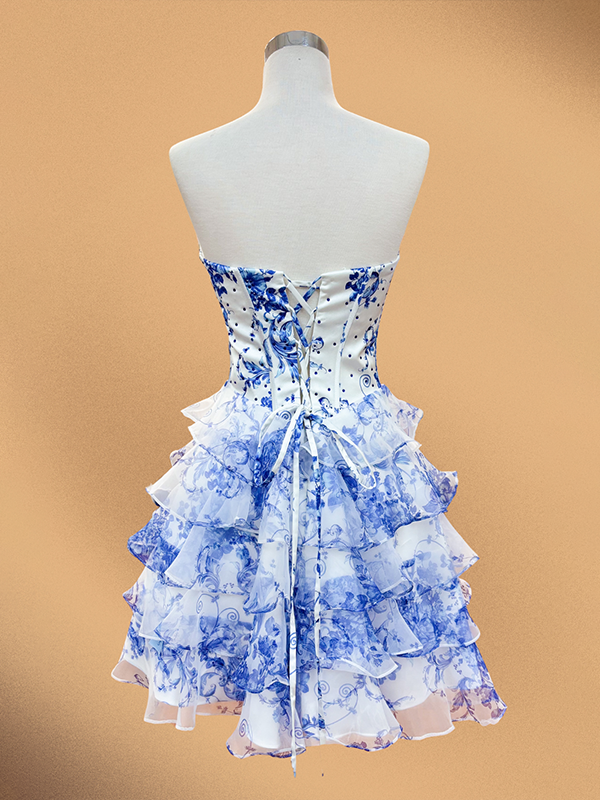 Blue Flower A-Line Strapless Tiered Tulle Sweetheart Homecoming Dress