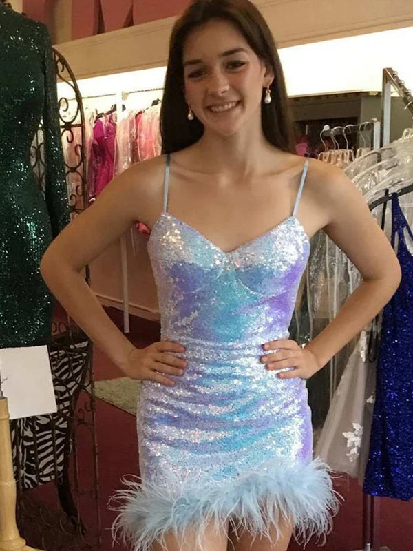 Blue Glitter V-Neck Spaghetti Straps Fully Sequins Homecoming Dress