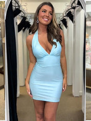 Blue Halter Open Back Short Tight Satin Homecoming Dress