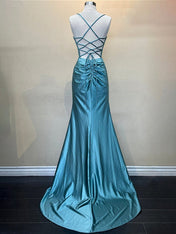 Yellow Mermaid Scoop Neck Satin Long Prom Dress with Slit