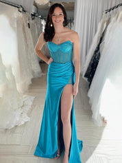 Blue Mermaid Spaghetti Straps Beaded Sweetheart Long Prom Dress with Slit