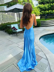 Blue Mermaid Spaghetti Straps Satin Backless Long Prom Dress