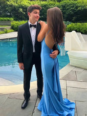 Blue Mermaid Spaghetti Straps Satin Backless Long Prom Dress