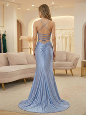 Blue Mermaid Spaghetti Straps V-Neck Rhinestone Prom Dress