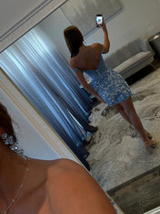 Blue Off-Shoulder Lace Bodycon Homecoming Dress with Bow Waist