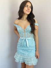  Blue Off The Shoulder Tight Lace Homecoming Dress with Belt