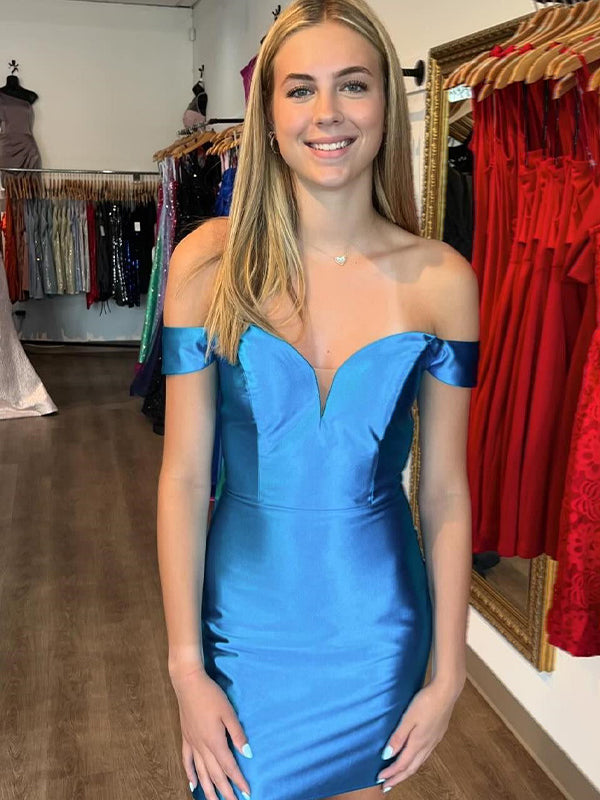 Blue Off the Shoulder Bodycon Satin Short Homecoming Dress