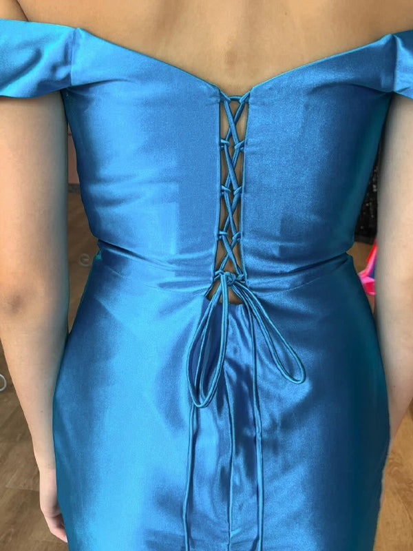 Blue Off the Shoulder Bodycon Satin Short Homecoming Dress