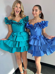 Yellow A-Line Off The Shoulder Tiered Satin Homecoming Dress