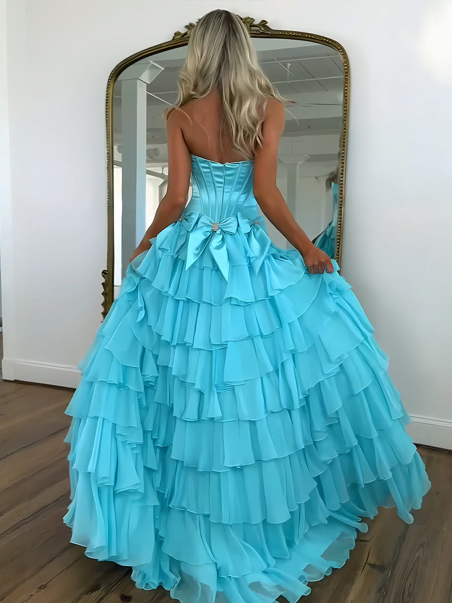 Blue Princess Strapless Tiered A-Line Long Prom Dress with Slit