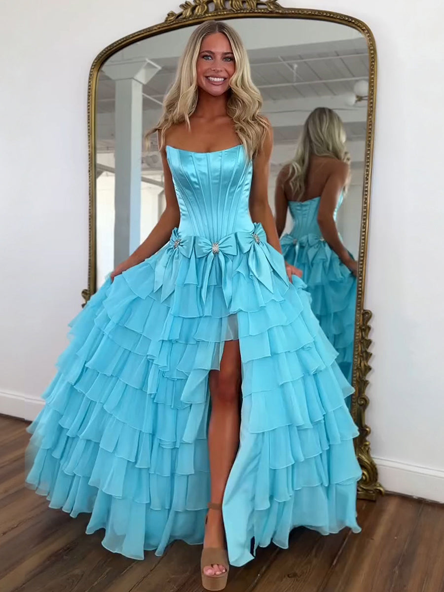 Blue Princess Strapless Tiered A-Line Long Prom Dress with Slit