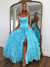 Blue Princess Strapless Tiered A-Line Long Prom Dress with Slit