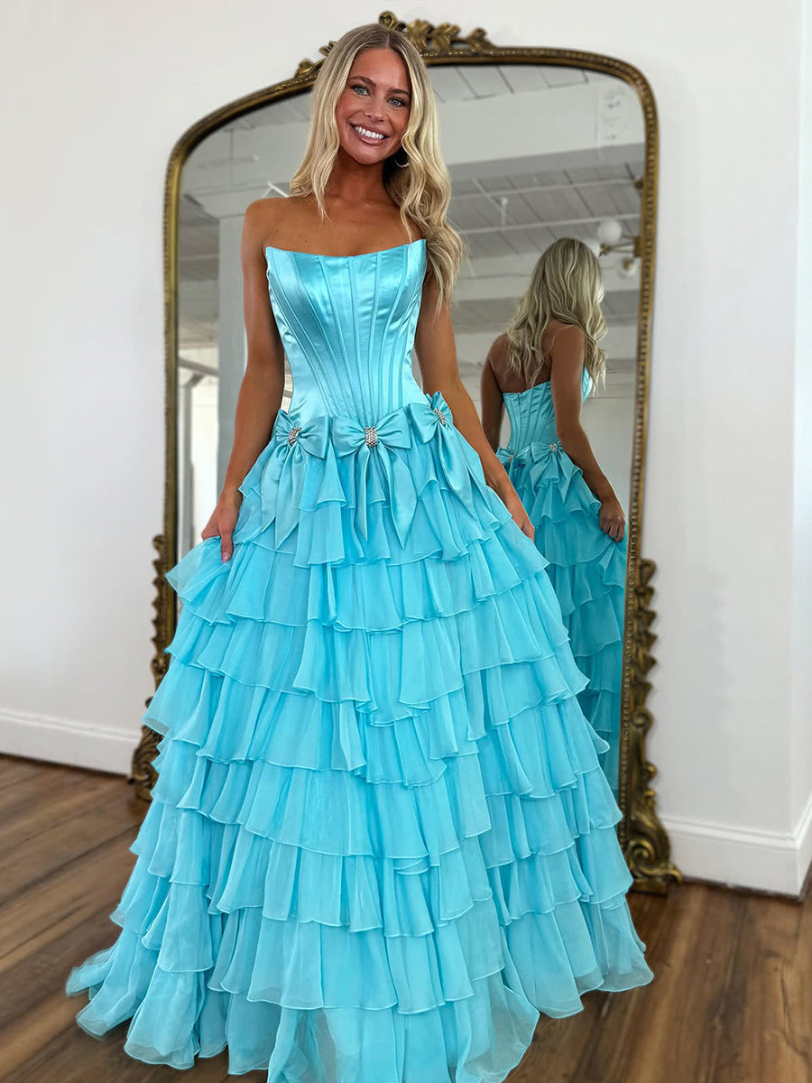 Blue Princess Strapless Tiered A-Line Long Prom Dress with Slit