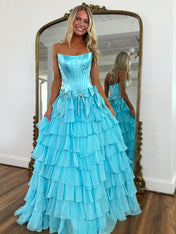 Blue Princess Strapless Tiered A-Line Long Prom Dress with Slit