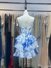 Blue Print A-Line Sweetheart Strapless Appliquues Tiered Homecoming Dress