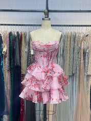 Blue Print A-Line Sweetheart Strapless Appliquues Tiered Homecoming Dress