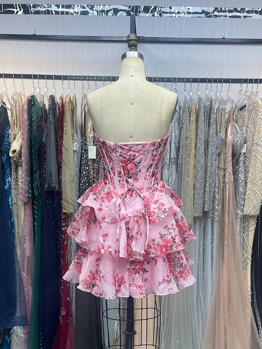 Blue Print A-Line Sweetheart Strapless Appliquues Tiered Homecoming Dress