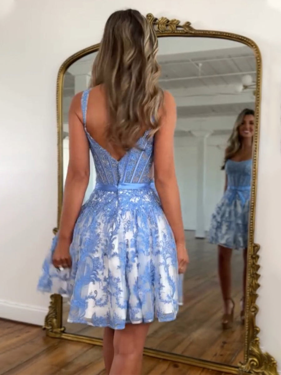 Blue Print A Line Floral Corset Homecoming Dress With Bow