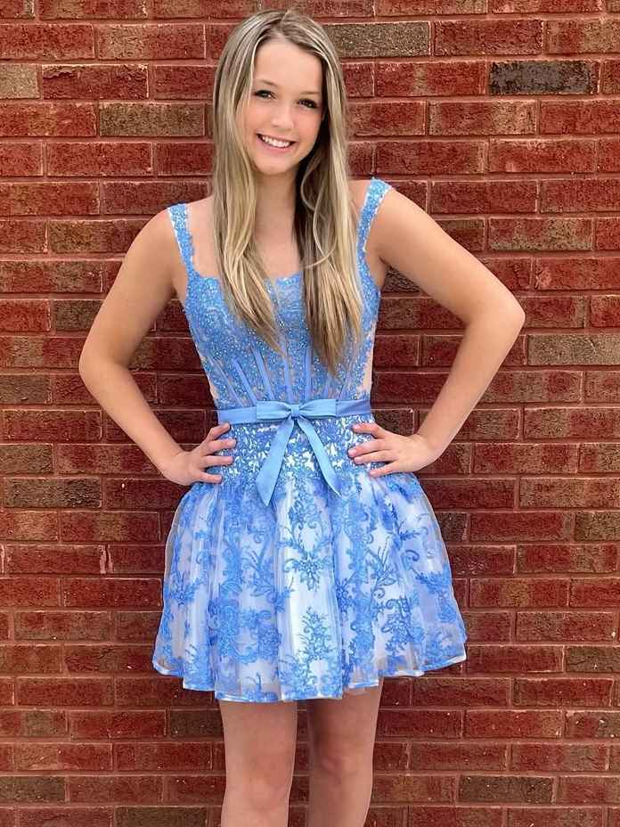 Blue Print A Line Floral Corset Homecoming Dress With Bow