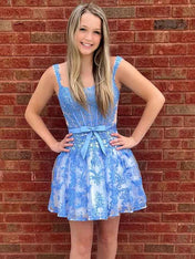 Blue Print A Line Floral Corset Homecoming Dress With Bow