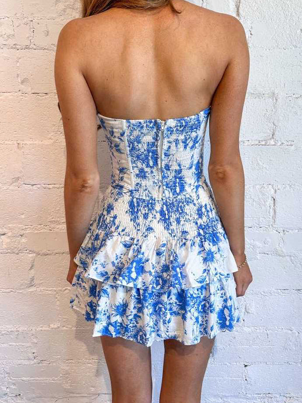 Blue Print Strapless Ruffles Sleeveless Short Homecoming Dress
