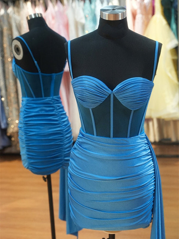 Blue Ruched Bodycon Short Homecoming Dress with Shawl