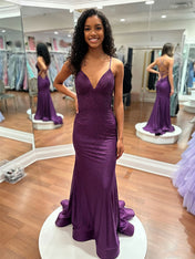 Blue Sequin V Neck Long Mermaid Prom Dress