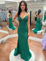 Blue Sequin V Neck Long Mermaid Prom Dress