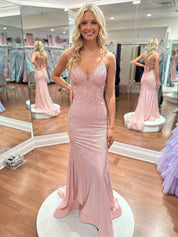 Blue Sequin V Neck Long Mermaid Prom Dress