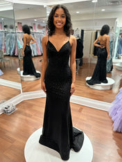 Blue Sequin V Neck Long Mermaid Prom Dress