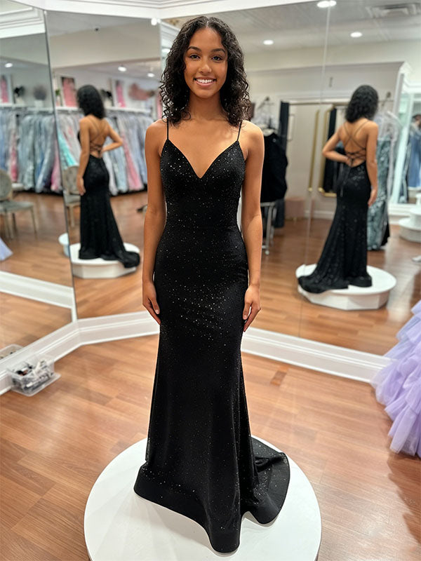 Blue Sequin V Neck Long Mermaid Prom Dress