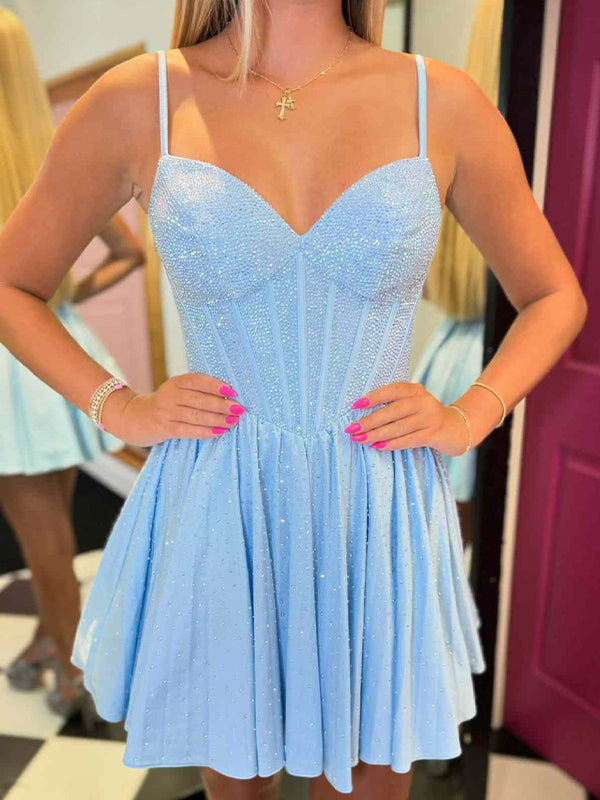 Blue Spaghetti Straps A-Line Satin Corset Homecoming Dress with Beading