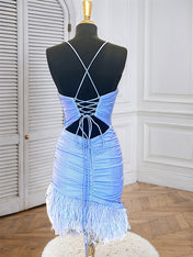 Blue Spaghetti Straps Tight Homecoming Dress with Feathers