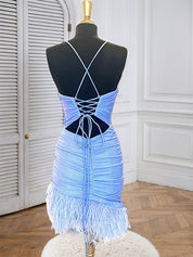 Blue Spaghetti Straps Tight Homecoming Dress with Feathers